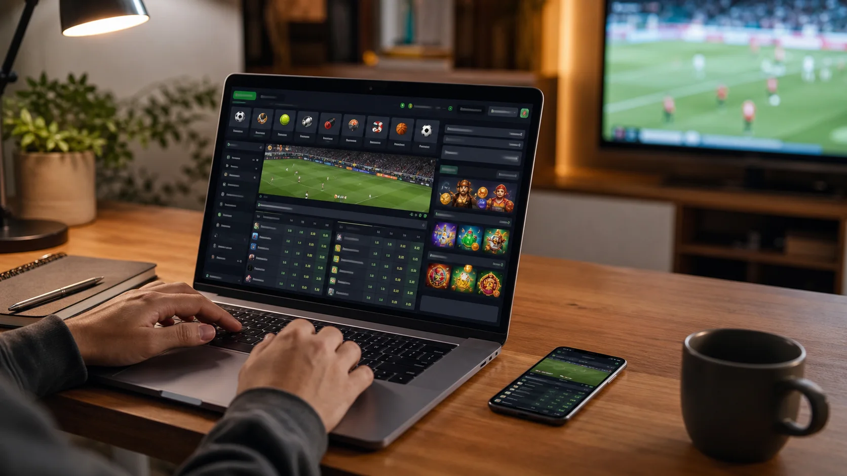 Plataforma 9wickets em notebook e celular com apostas esportivas e cassino online